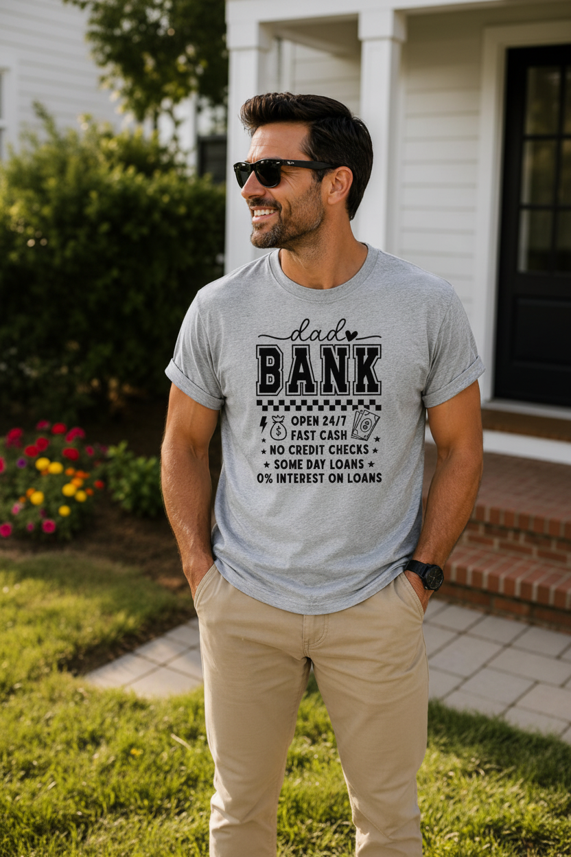 Man wearing Dad Bank T-Shirt outdoors in sunny backyard