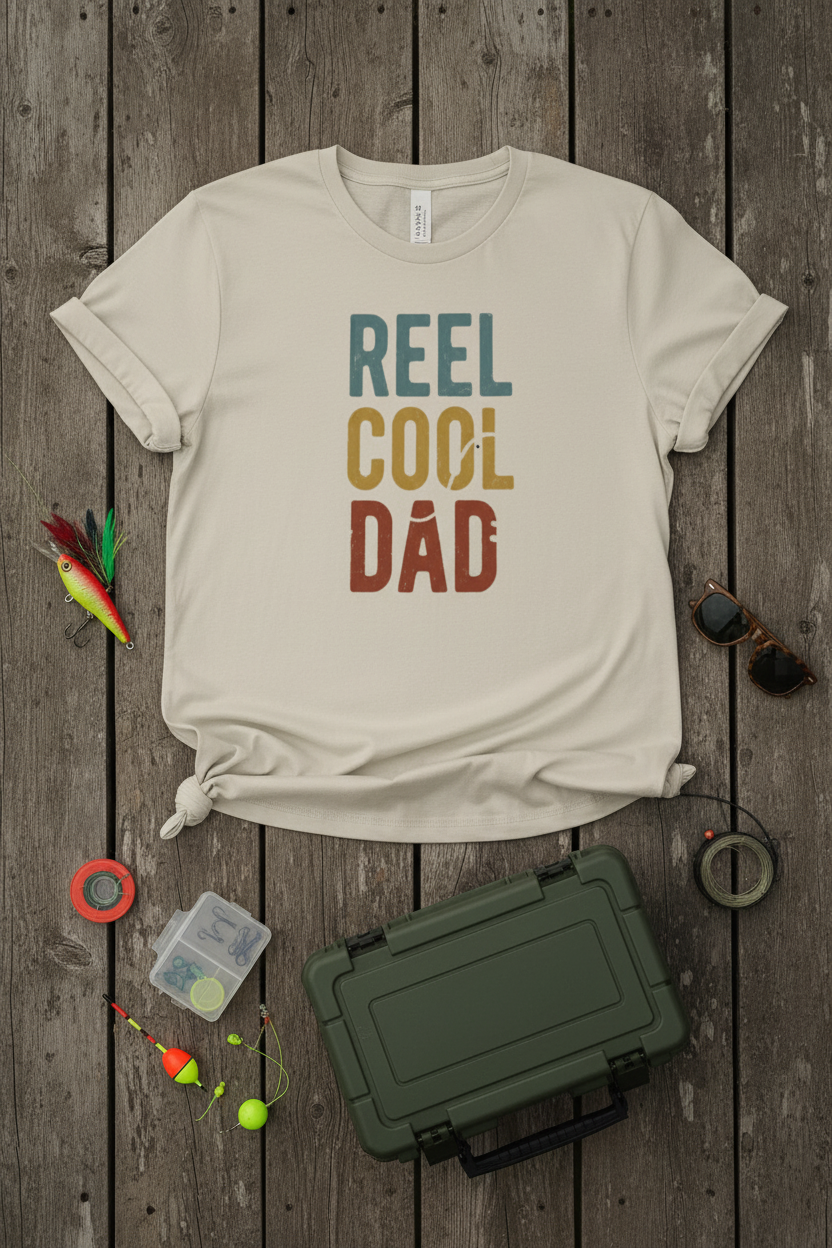 Reel Cool Dad T-Shirt styled with fishing lures and tackle box on rustic wood