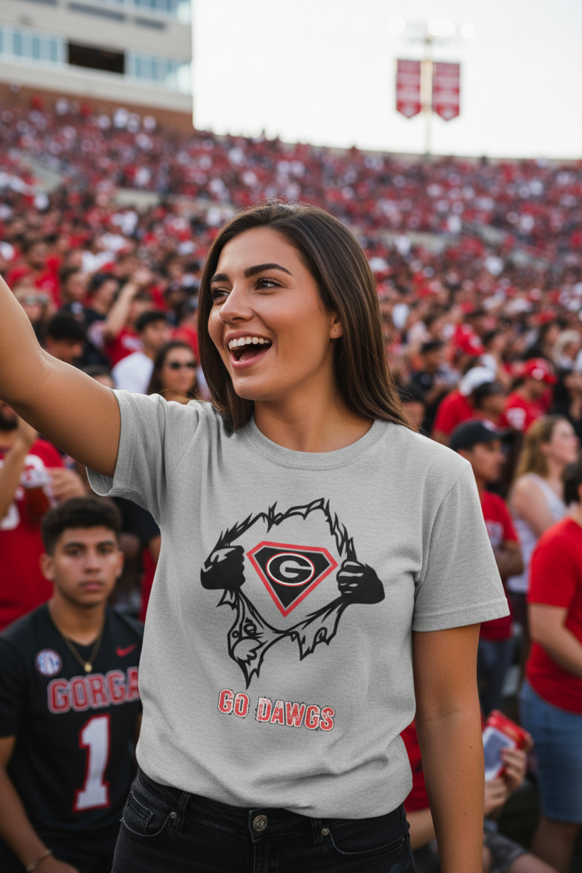 Woman at college football game wearing Super Dawg Go Dawgs Georgia grey tee