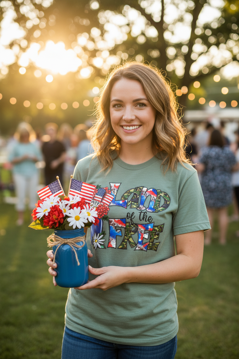 Woman wearing Land of the Free Mason Jar T-Shirt in sage green at a sunny 4th of July celebration