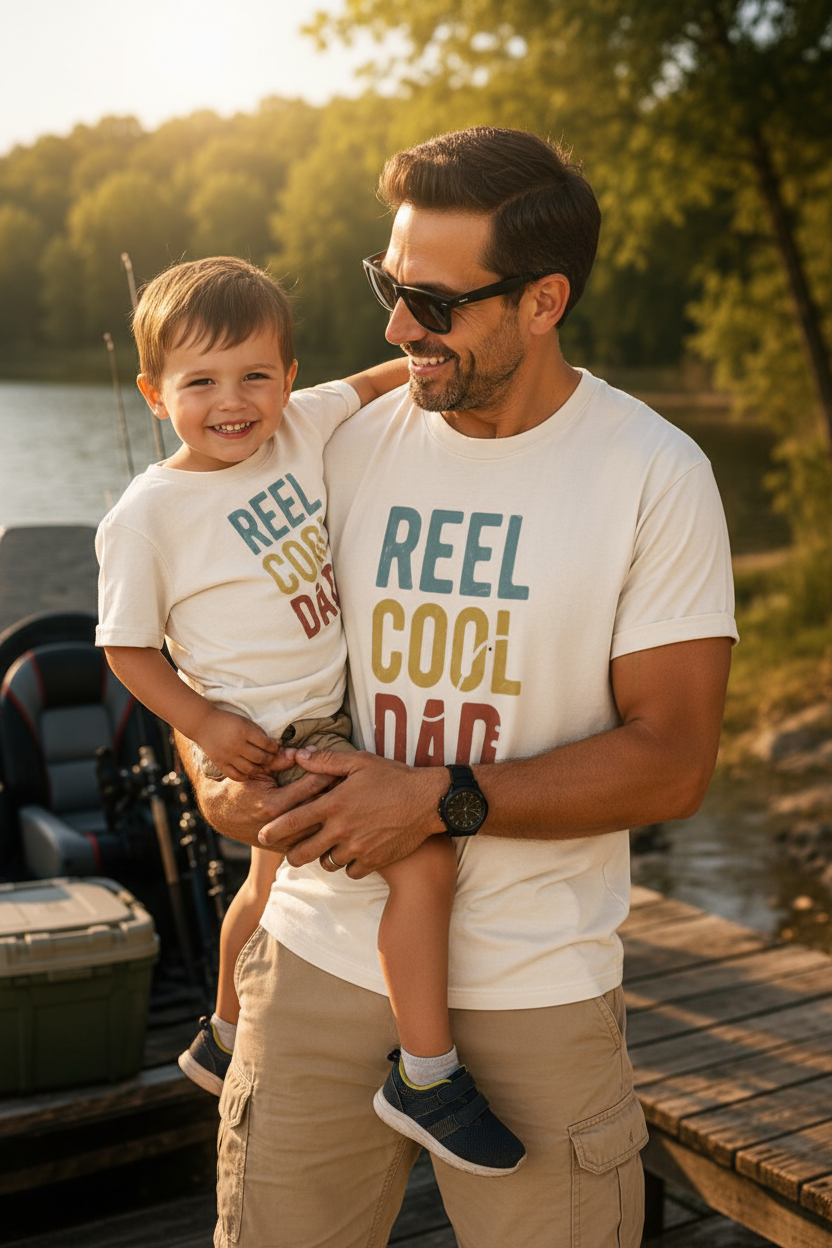 Dad wearing Reel Cool Dad T-Shirt on a wooden dock at golden hour