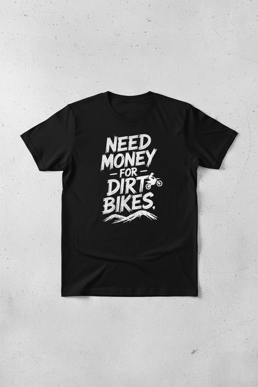 Need Money for Dirt Bikes white motocross graphic on black t-shirt