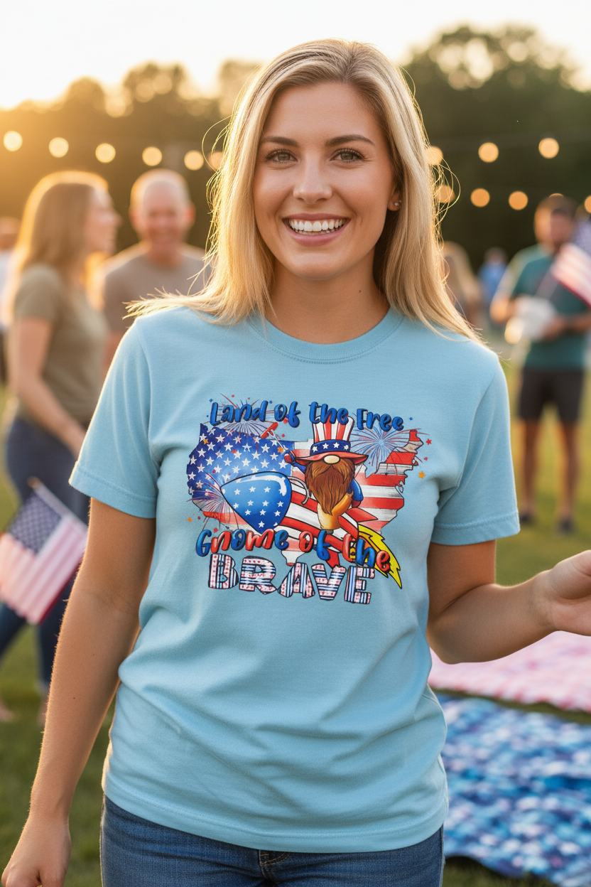 Woman wearing Land of the Free Gnome of the Brave T-Shirt in light blue at a sunny 4th of July celebration