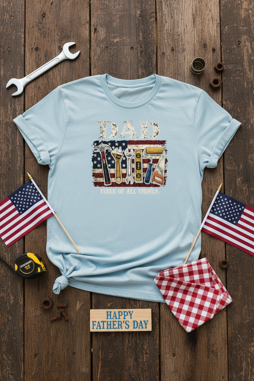 Dad Fixer of All Things T-Shirt styled with wrench, measuring tape, and American flag on rustic wood