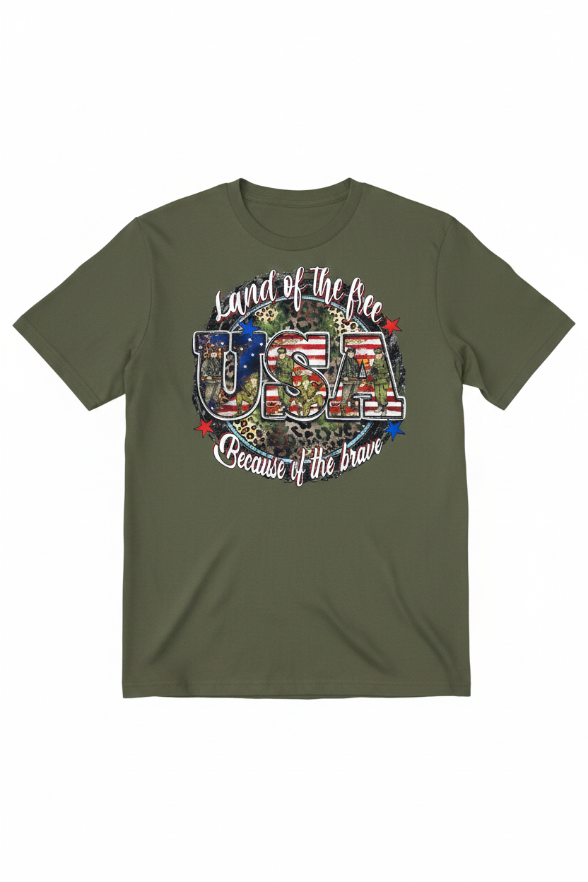 Land of the Free Because of the Brave T-Shirt flat lay on military green tee