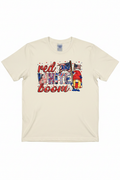 Red White and Boom Gnome T-Shirt flat lay on natural ivory tee