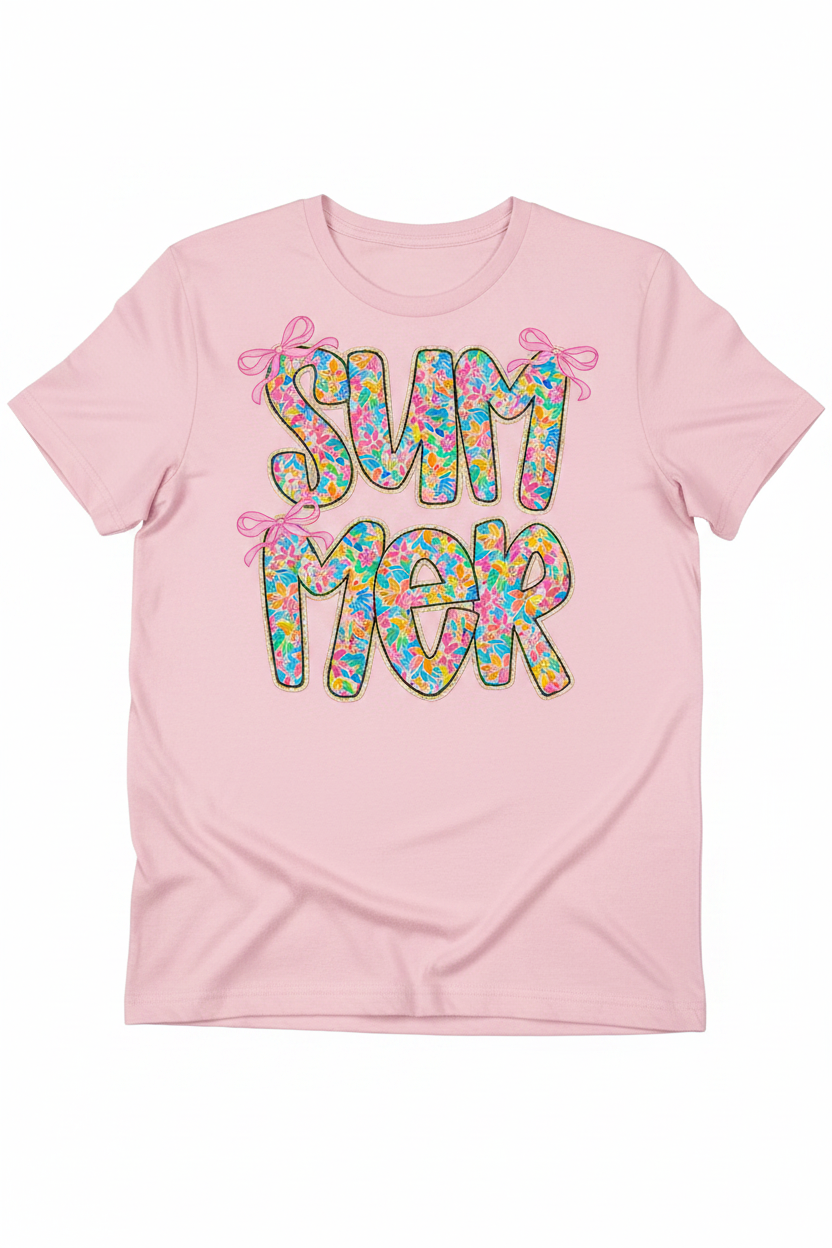 Summer floral bubble letter graphic on pink t-shirt