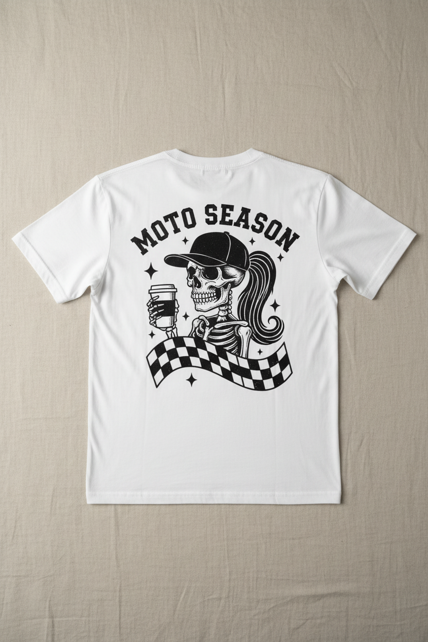 Moto Season skull moto girl full back print on white t-shirt