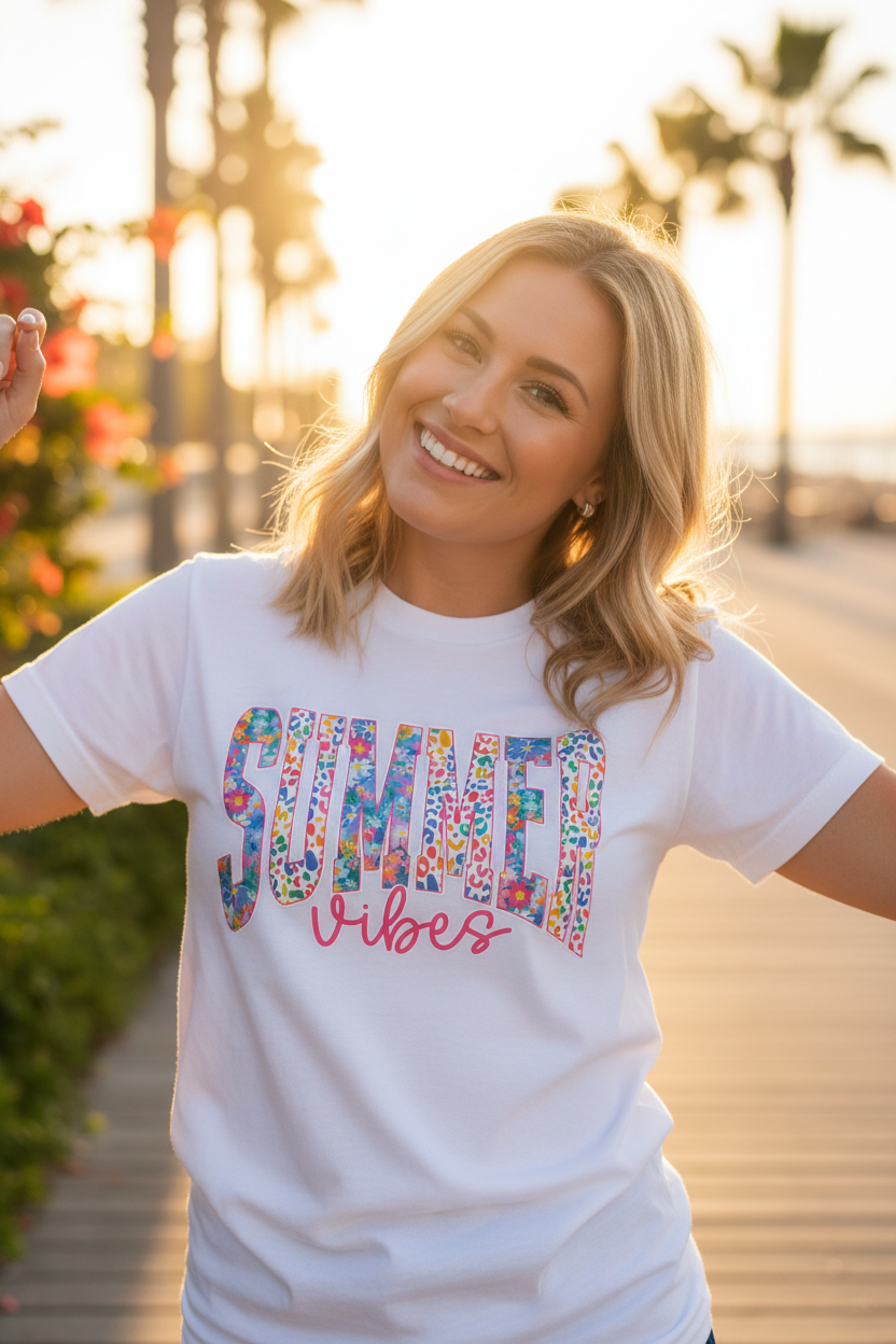 Woman wearing Summer Vibes leopard floral tee outdoors on sunny summer day