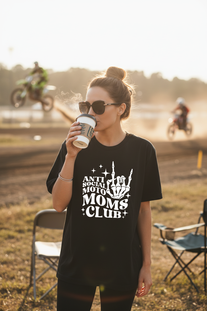 Unbothered mom wearing Anti Social Moto Moms Club black tee at motocross event