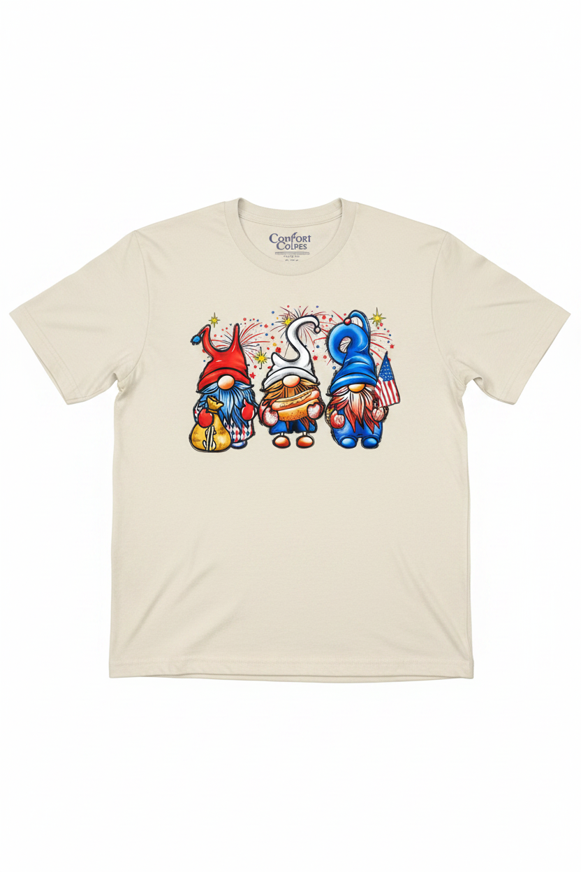 Patriotic Three Gnomes T-Shirt flat lay on natural ivory tee showing three patriotic gnomes with fireworks