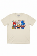 Patriotic Three Gnomes T-Shirt flat lay on natural ivory tee showing three patriotic gnomes with fireworks