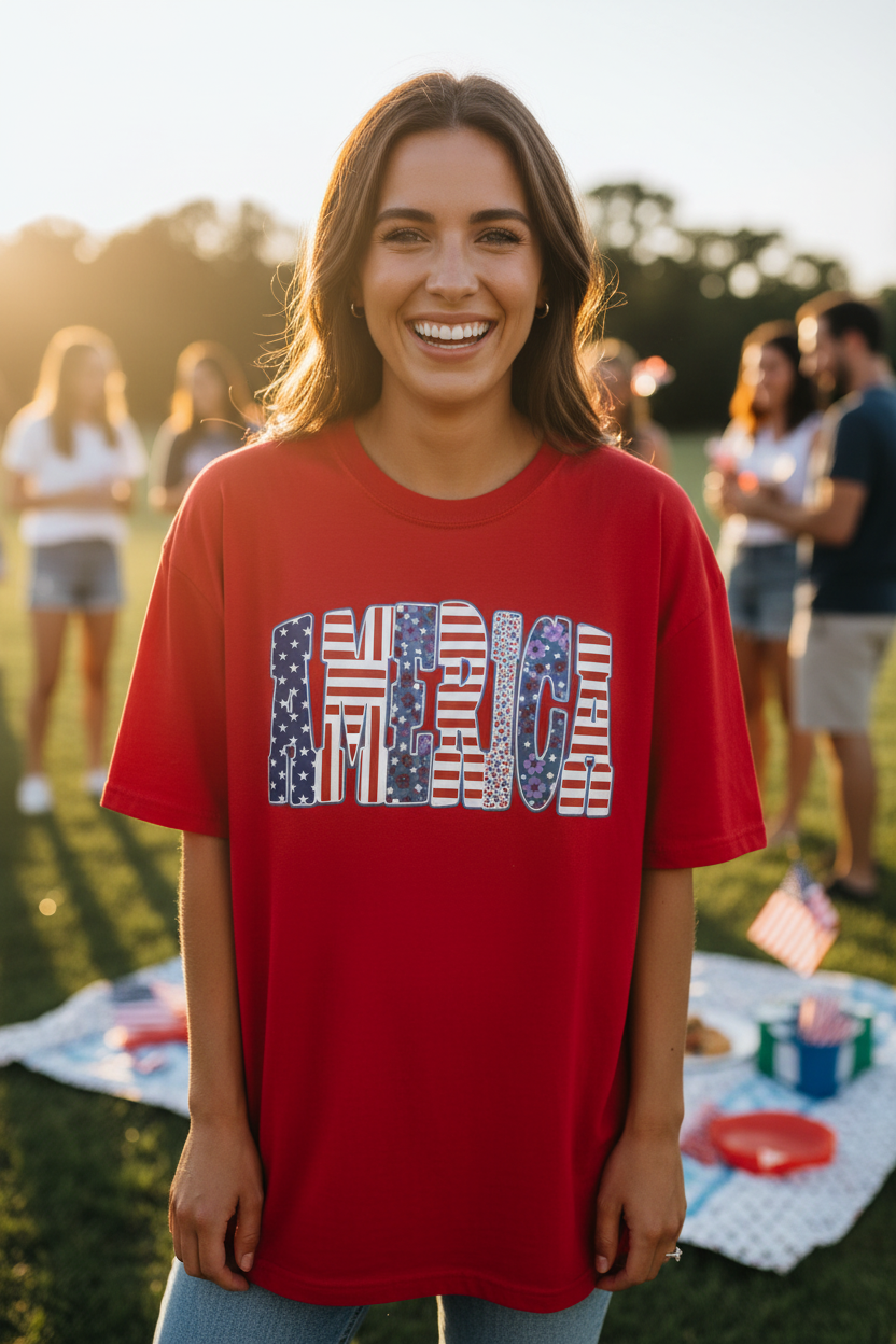 Woman wearing America Varsity T-Shirt in red at a sunny 4th of July celebration