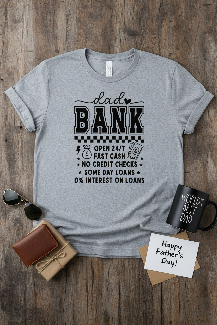 Dad Bank T-Shirt styled with Father's Day props on rustic wood surface