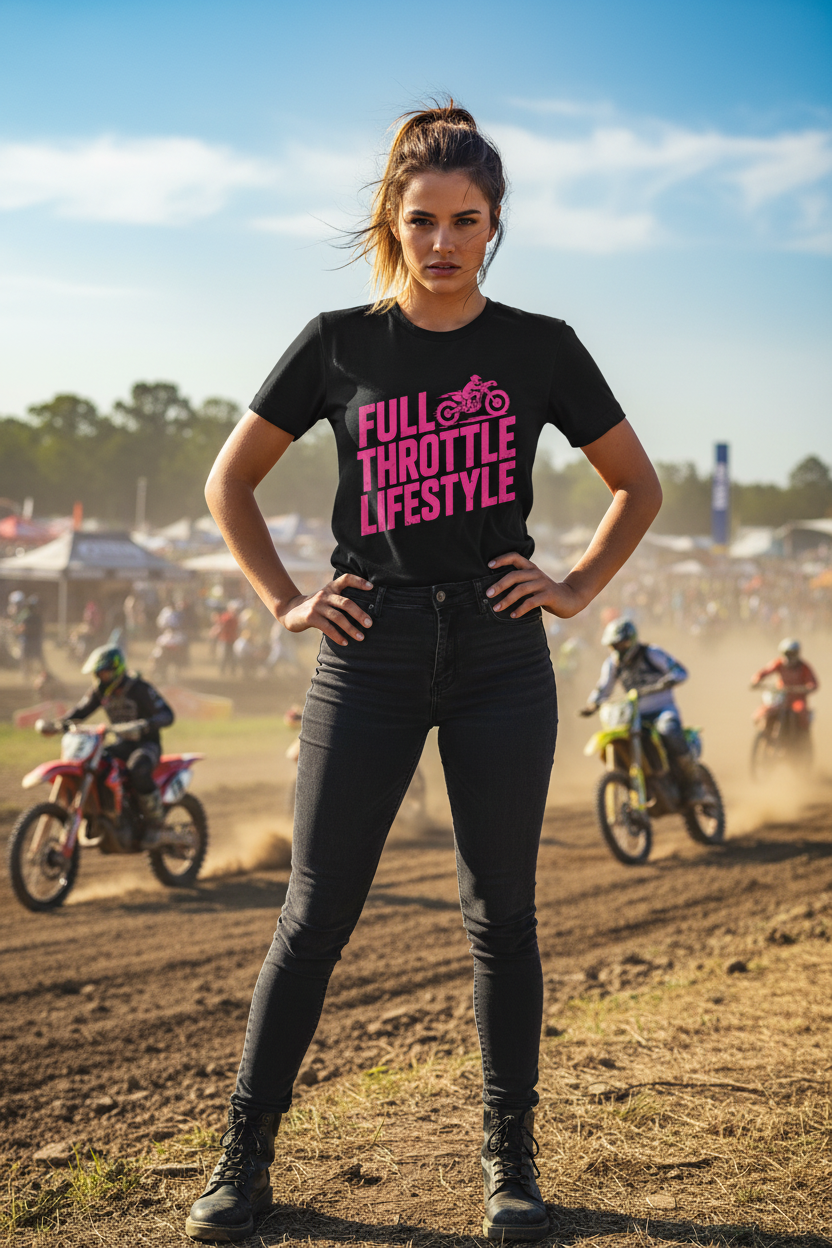 Woman wearing Full Throttle Lifestyle black tee at outdoor motocross event