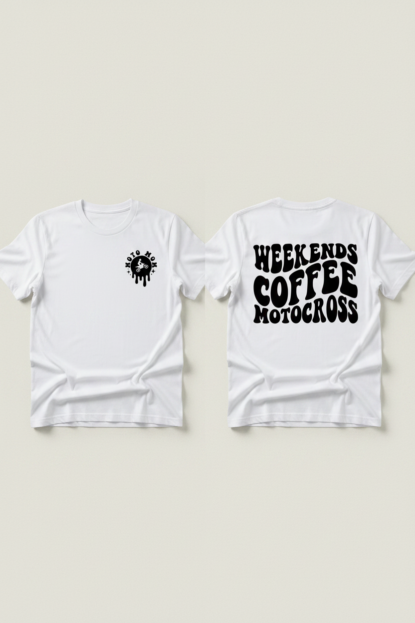 Weekends Coffee Motocross black ink front back tee mockup on white t-shirt