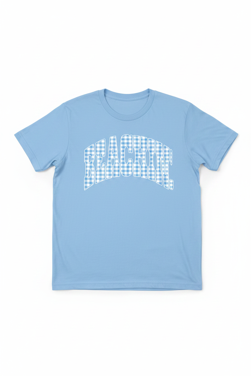 Beachin' gingham collegiate graphic on light blue t-shirt