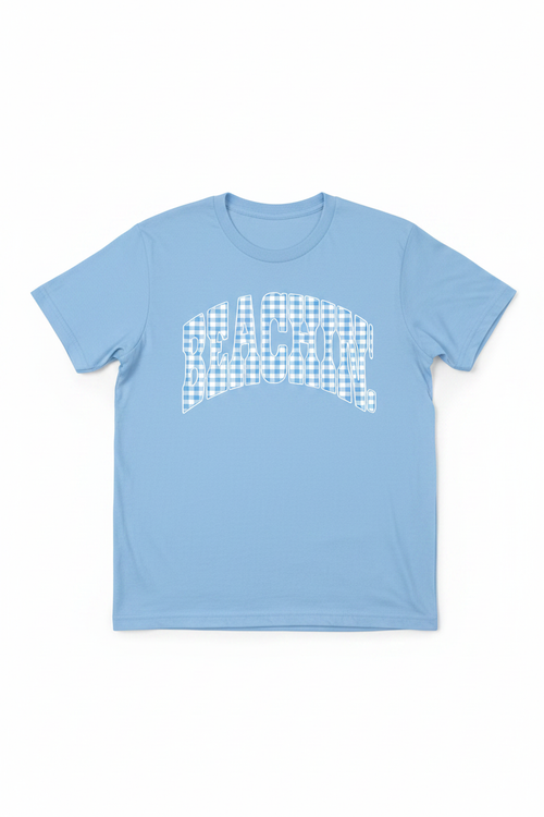 Beachin' gingham collegiate graphic on light blue t-shirt