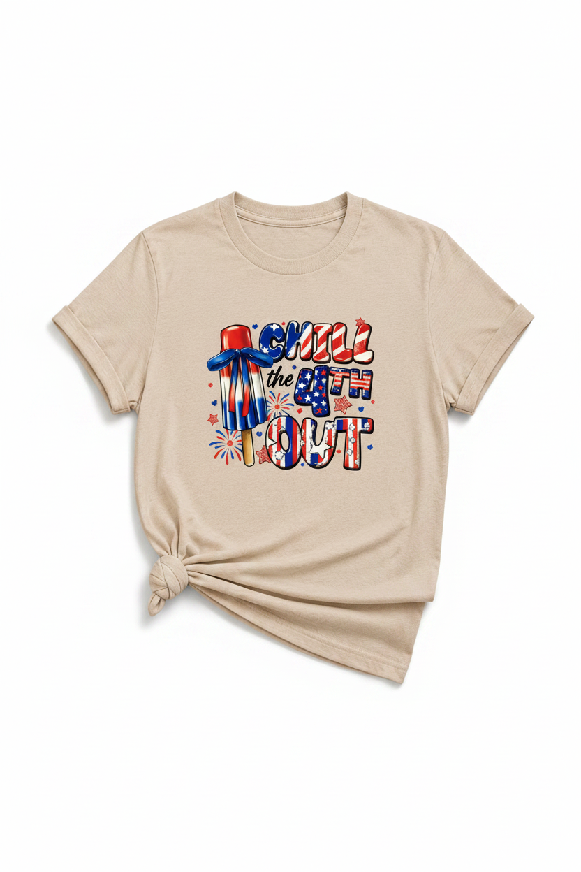 Chill the 4th Out T-Shirt flat lay on white background showing popsicle graphic
