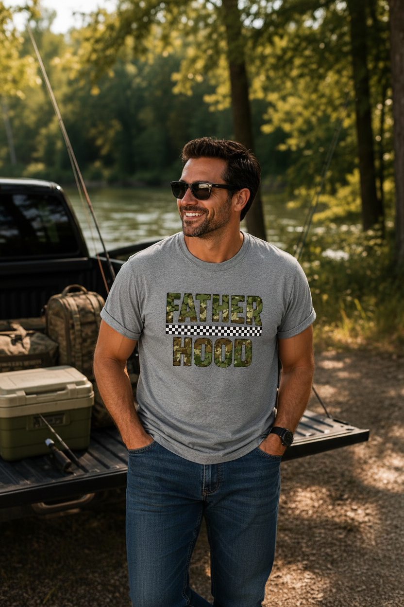 Dad wearing Fatherhood Camo Checkered T-Shirt in a wooded outdoor setting