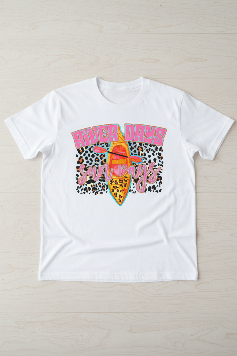 River Days Sun Rays graphic on white t-shirt flat lay