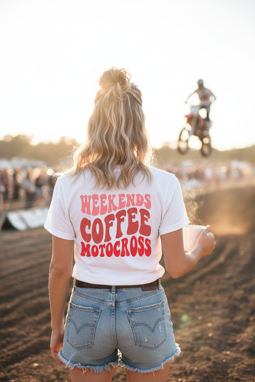 Woman wearing Weekends Coffee Motocross red pink tee showing back print at motocross event