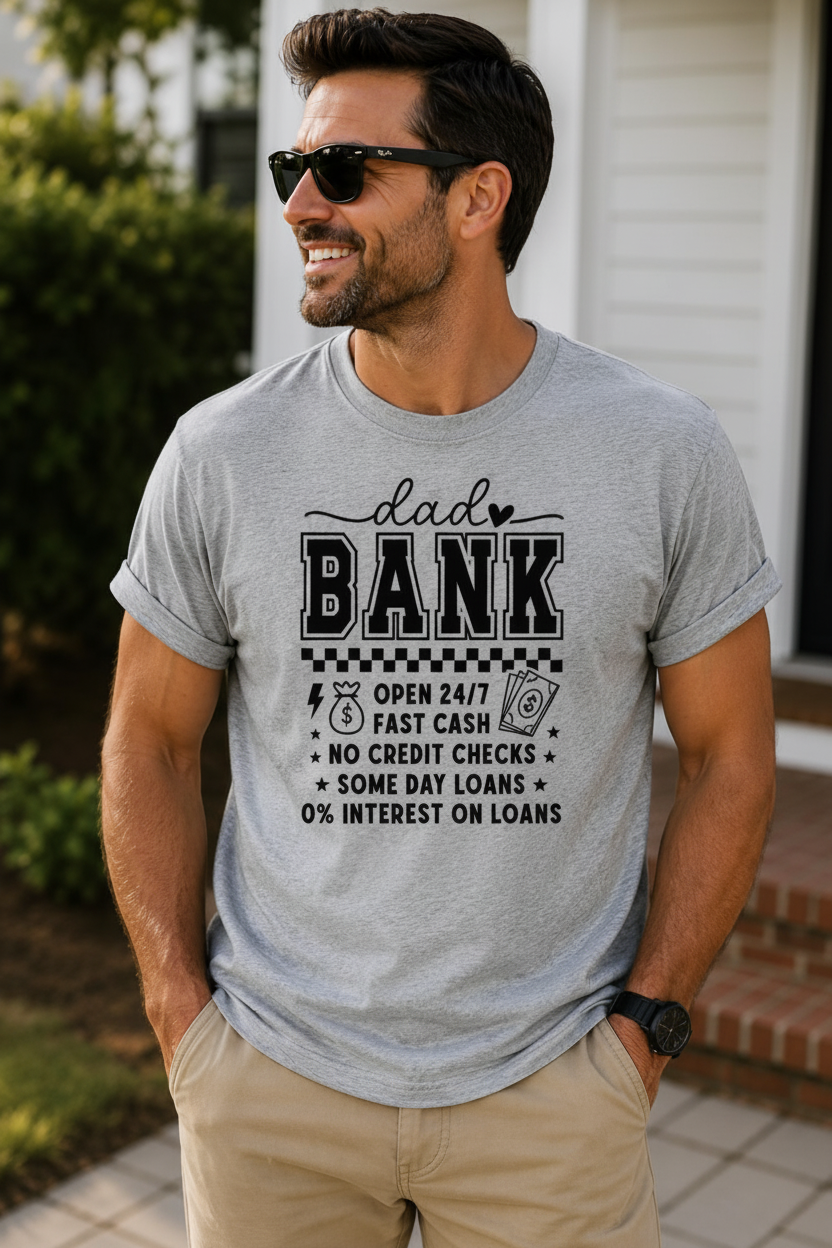 Dad Bank T-Shirt flat lay on white background