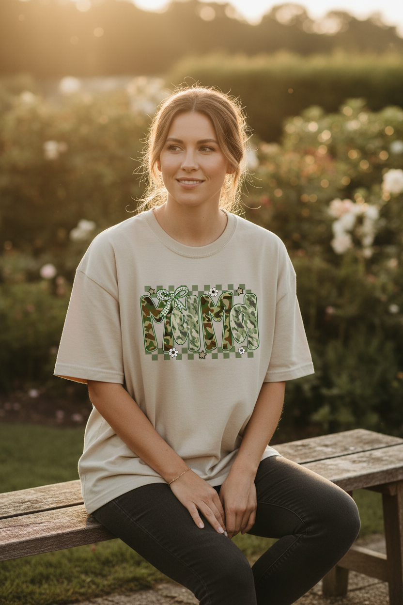 Woman wearing sand Mama camo checkered bow t-shirt outdoors with natural greenery and warm light