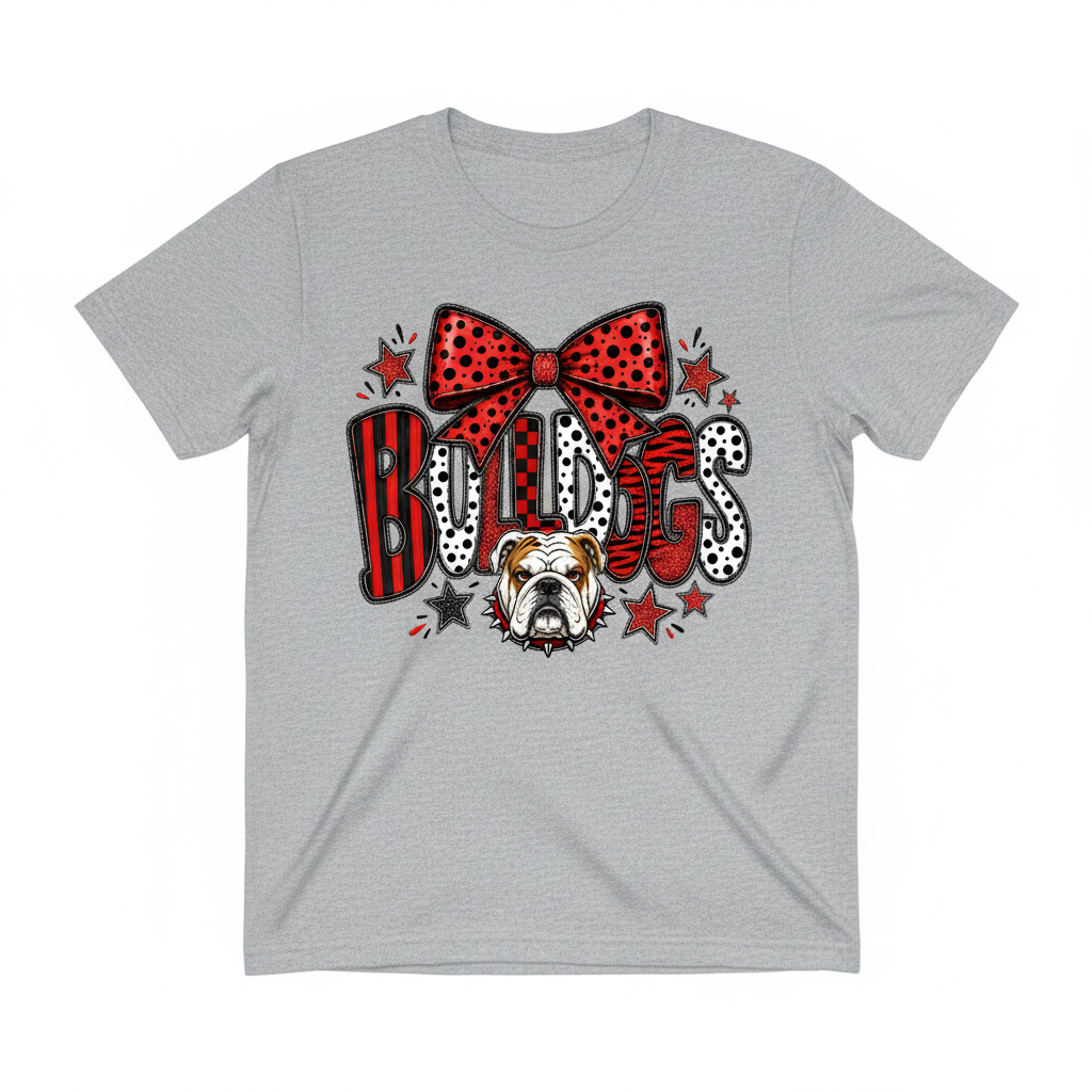 Bulldogs bow mixed pattern grey tee flat lay