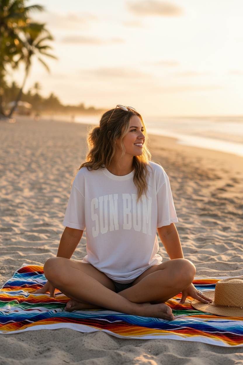 Woman wearing Sun Bum tee outdoors at beach or lake