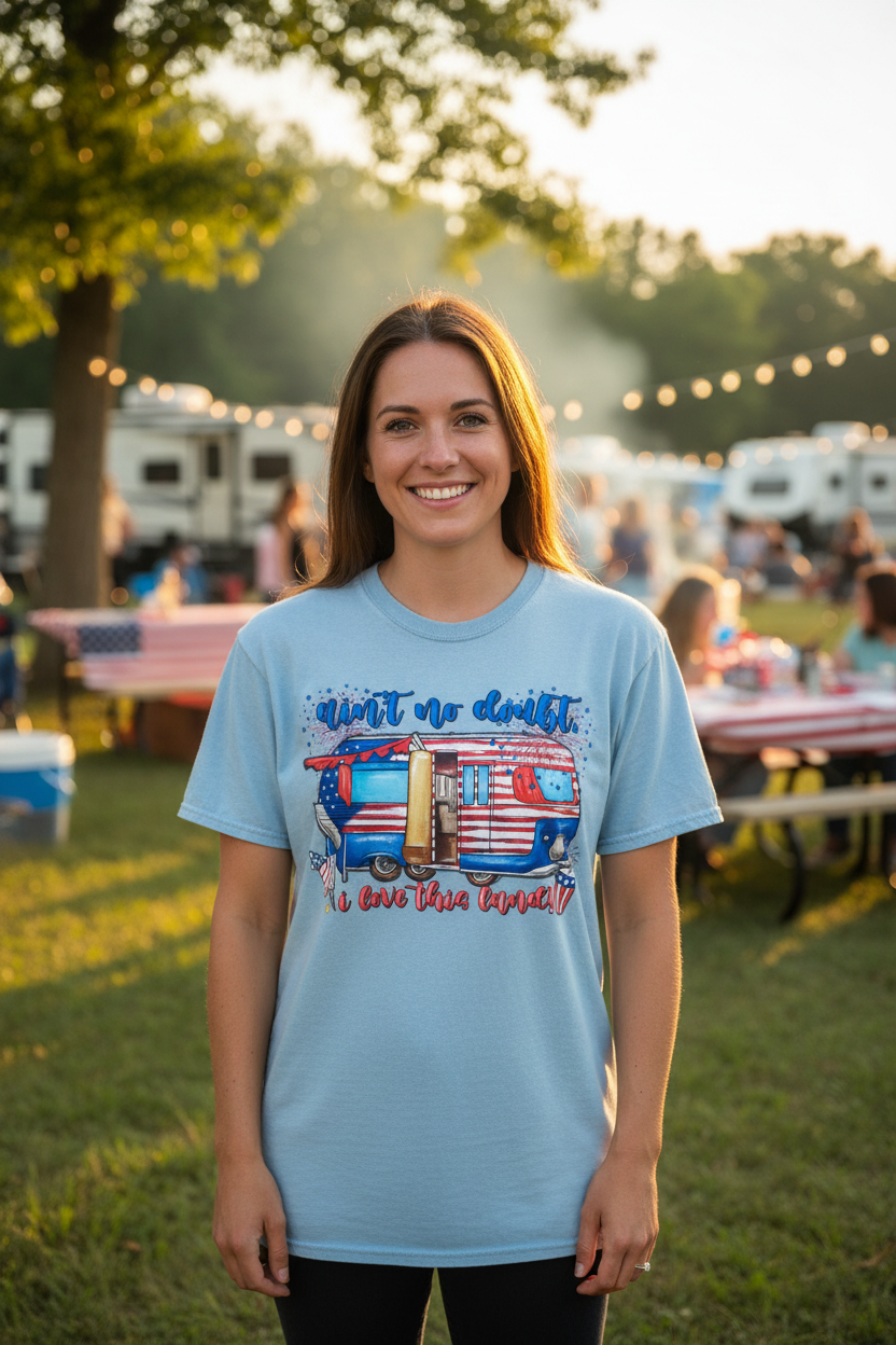 Woman wearing Ain't No Doubt I Love This Land T-Shirt in light blue at a sunny 4th of July campsite celebration