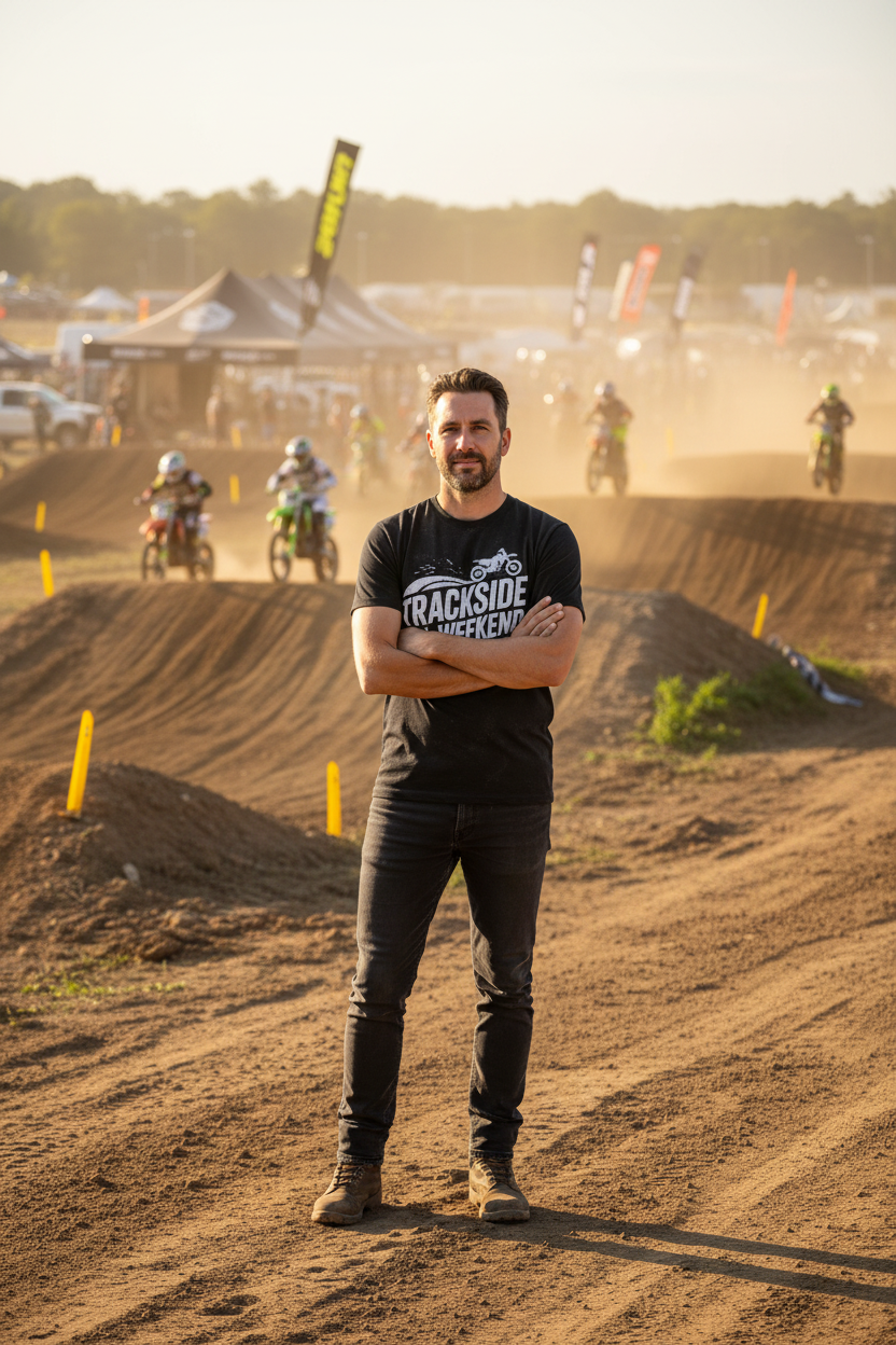 Person wearing Trackside All Weekend black tee at outdoor motocross track