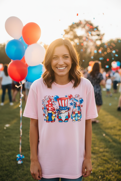 Woman wearing 4th of July Gnome Trio T-Shirt in light pink at a sunny 4th of July celebration