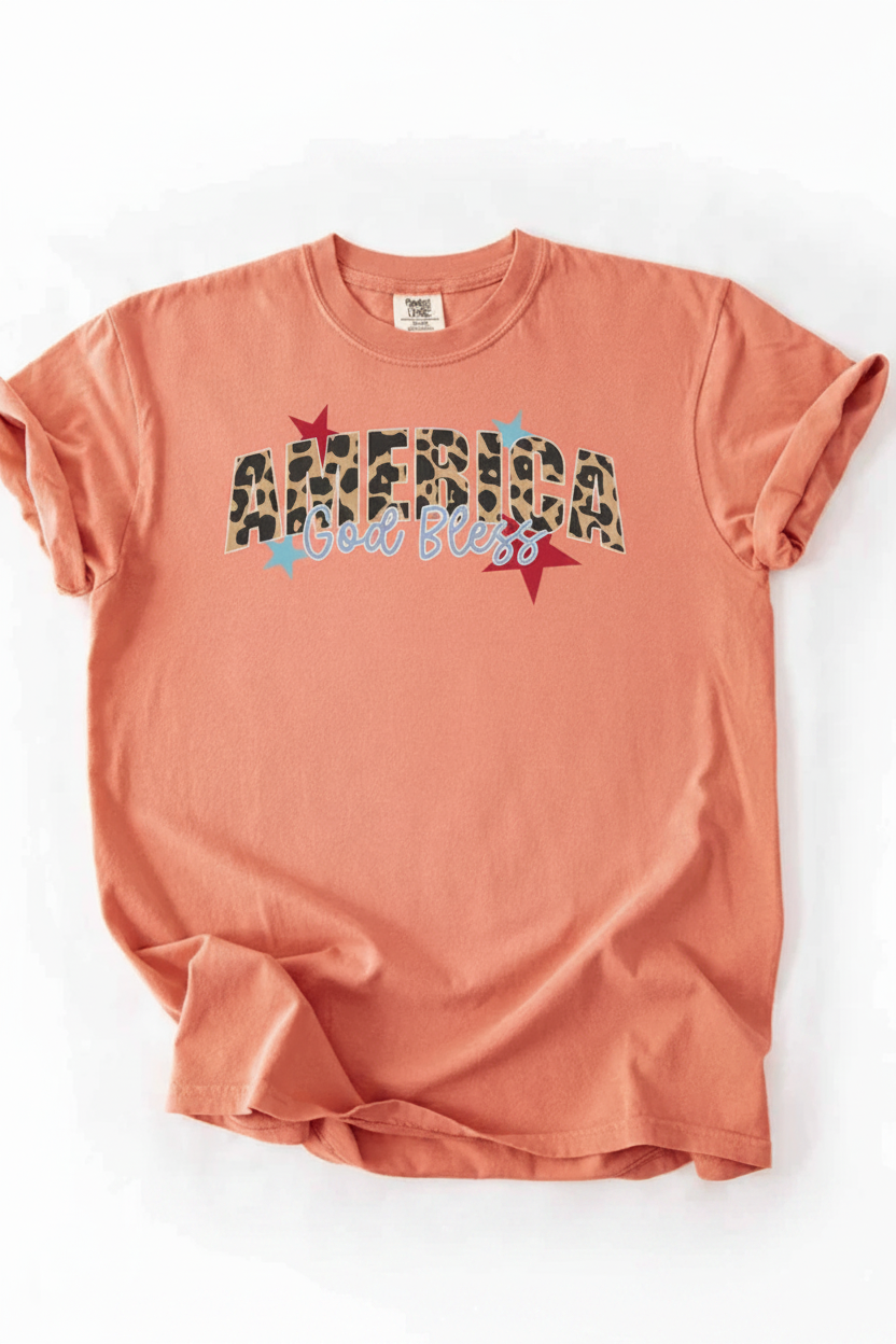 America God Bless Leopard T-Shirt flat lay on white background showing leopard print AMERICA and God Bless design