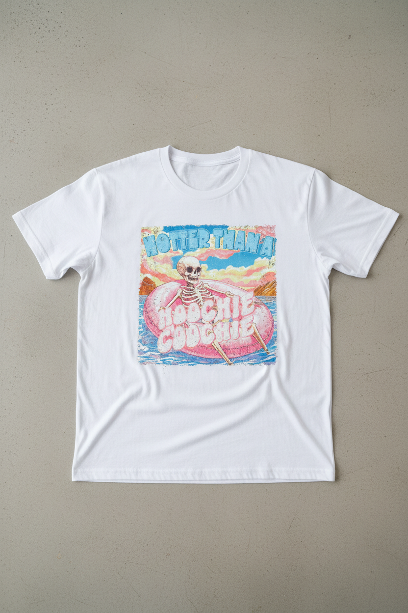 Hotter Than A Hoochie Coochie graphic on white t-shirt