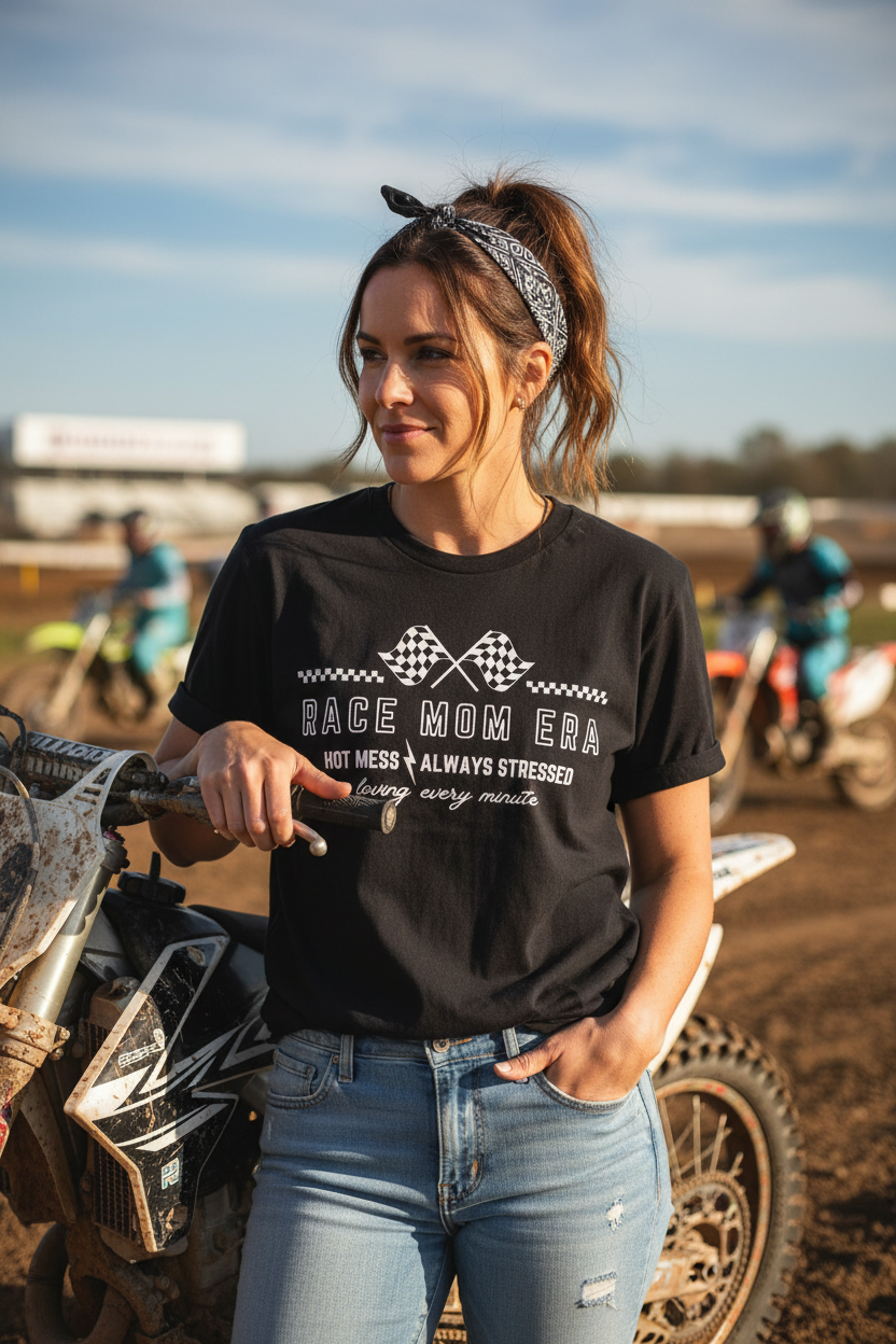 Woman wearing Race Mom Era graphic tee - lifestyle motocross setting