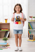 Young girl wearing personalized crayon box back to school graphic tee with graphic on the front