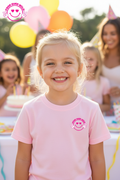 Front view of Four Ever Wild smiley face chest logo on light pink tee