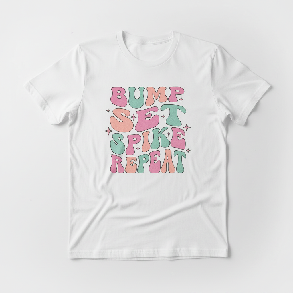 Bump Set Spike Repeat pink and blue grey flat lay