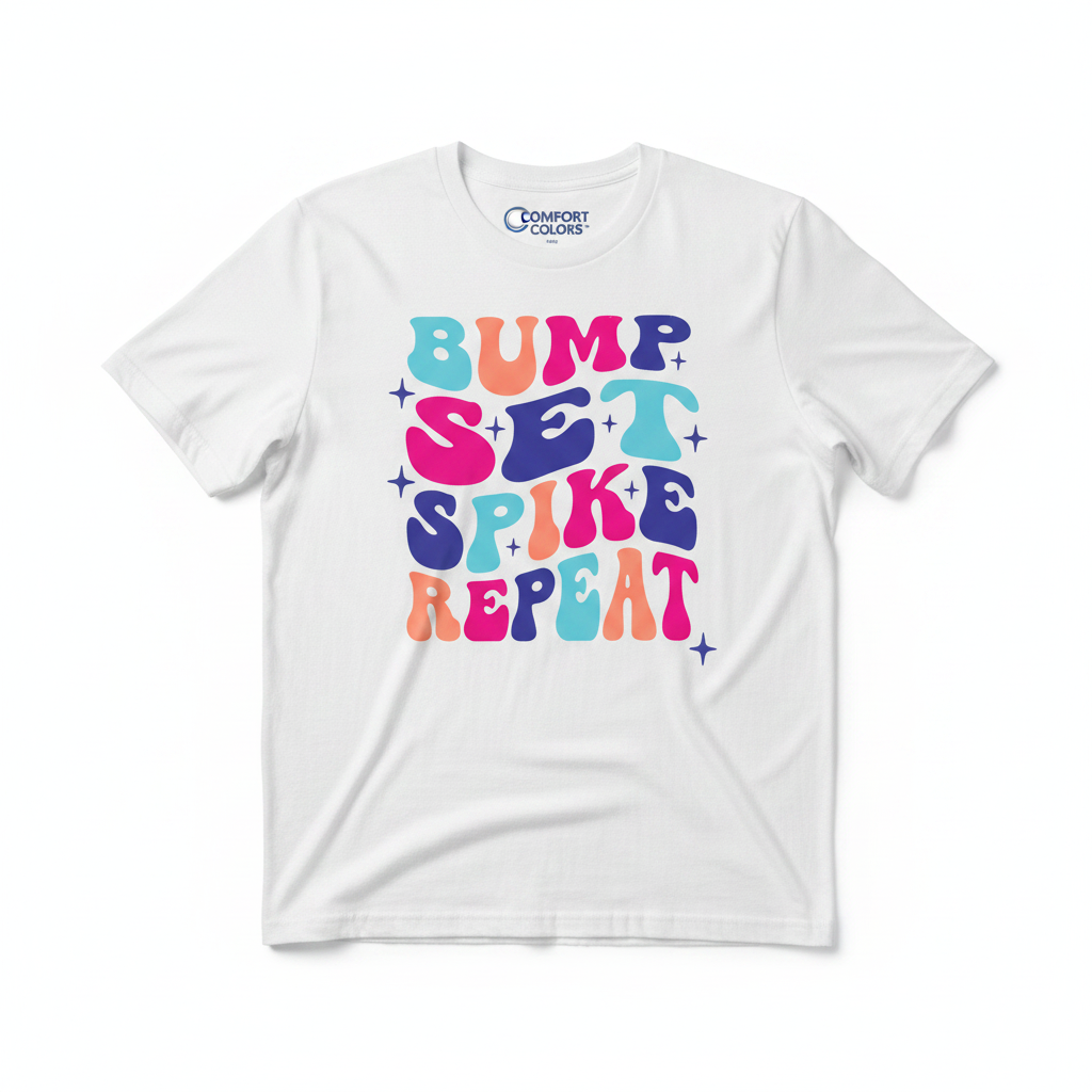 Bump Set Spike Repeat tee flat lay mockup