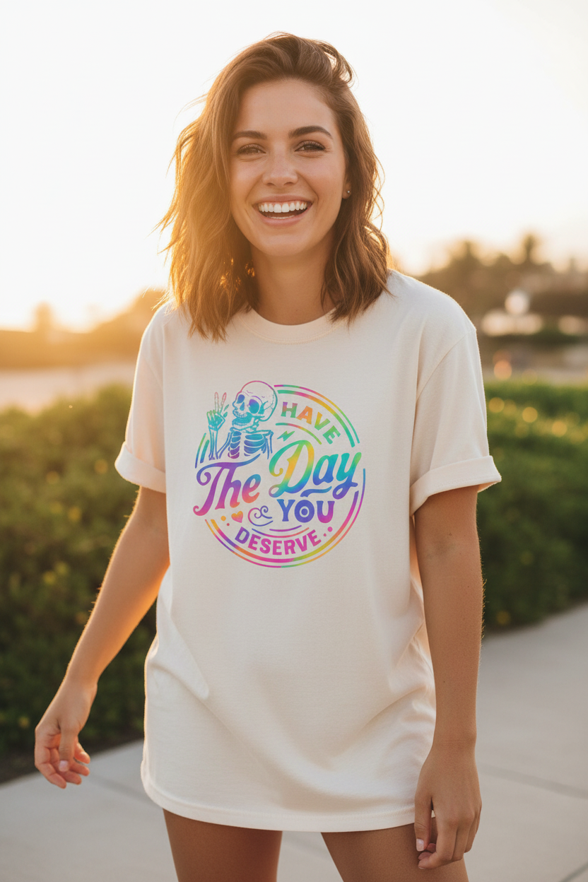 Woman wearing Have The Day You Deserve T-Shirt in ivory in a fun casual outdoor lifestyle photo