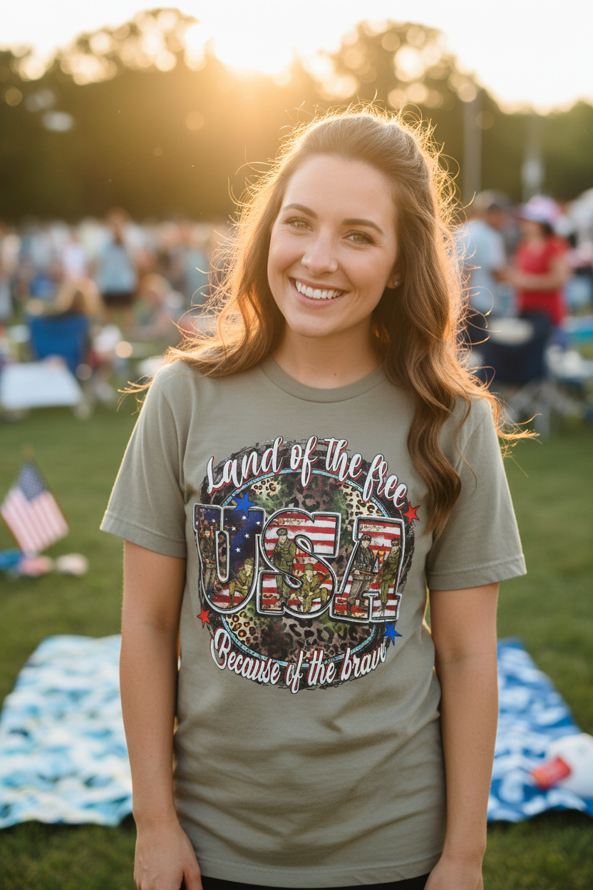 Woman wearing Land of the Free Because of the Brave T-Shirt in sand khaki at a patriotic outdoor event