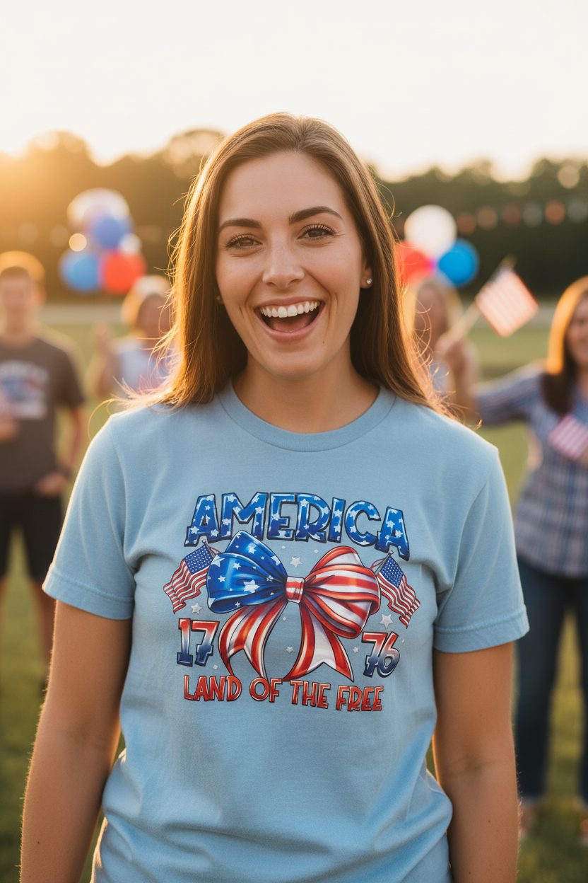 Woman wearing America 1776 Land of the Free T-Shirt in light blue at a 4th of July celebration
