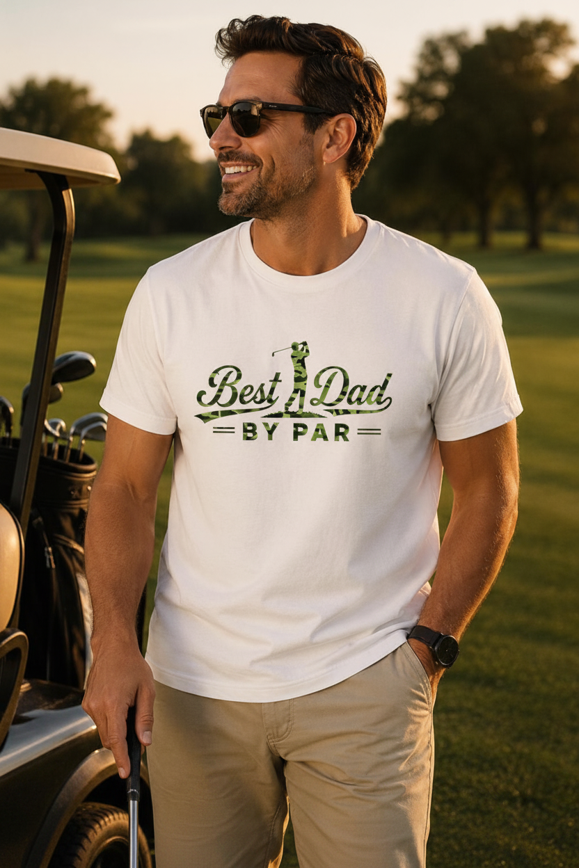 Dad on golf course wearing Best Dad By Par T-Shirt with camo golfer graphic