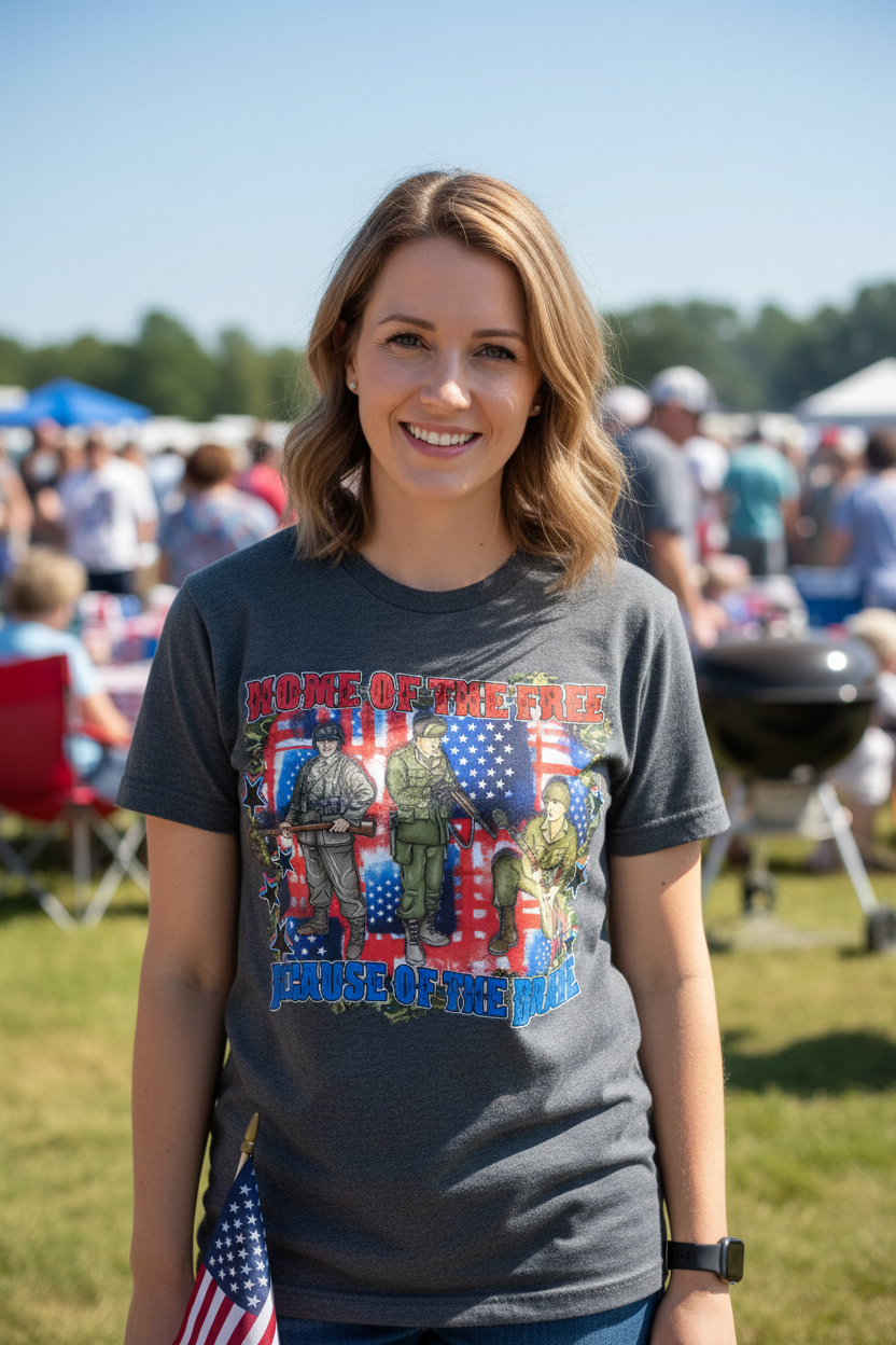 Woman wearing Home of the Free Because of the Brave T-Shirt in charcoal gray at a Memorial Day event