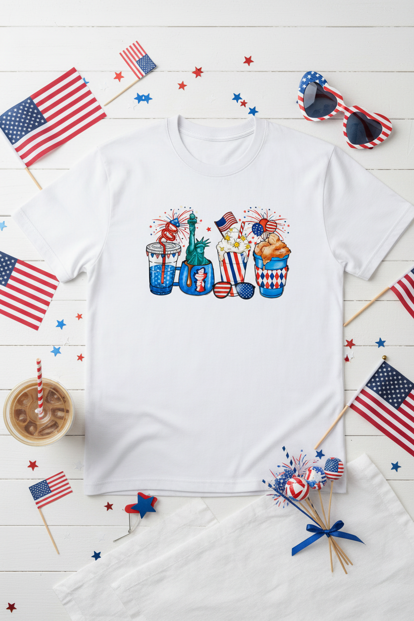 Patriotic Drinks T-Shirt styled with iced coffee cup, American flags, and red white and blue stars