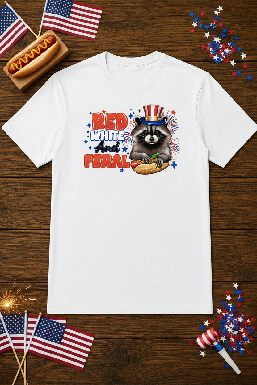Red White and Feral T-Shirt styled with hot dog, American flags, and confetti on rustic wood