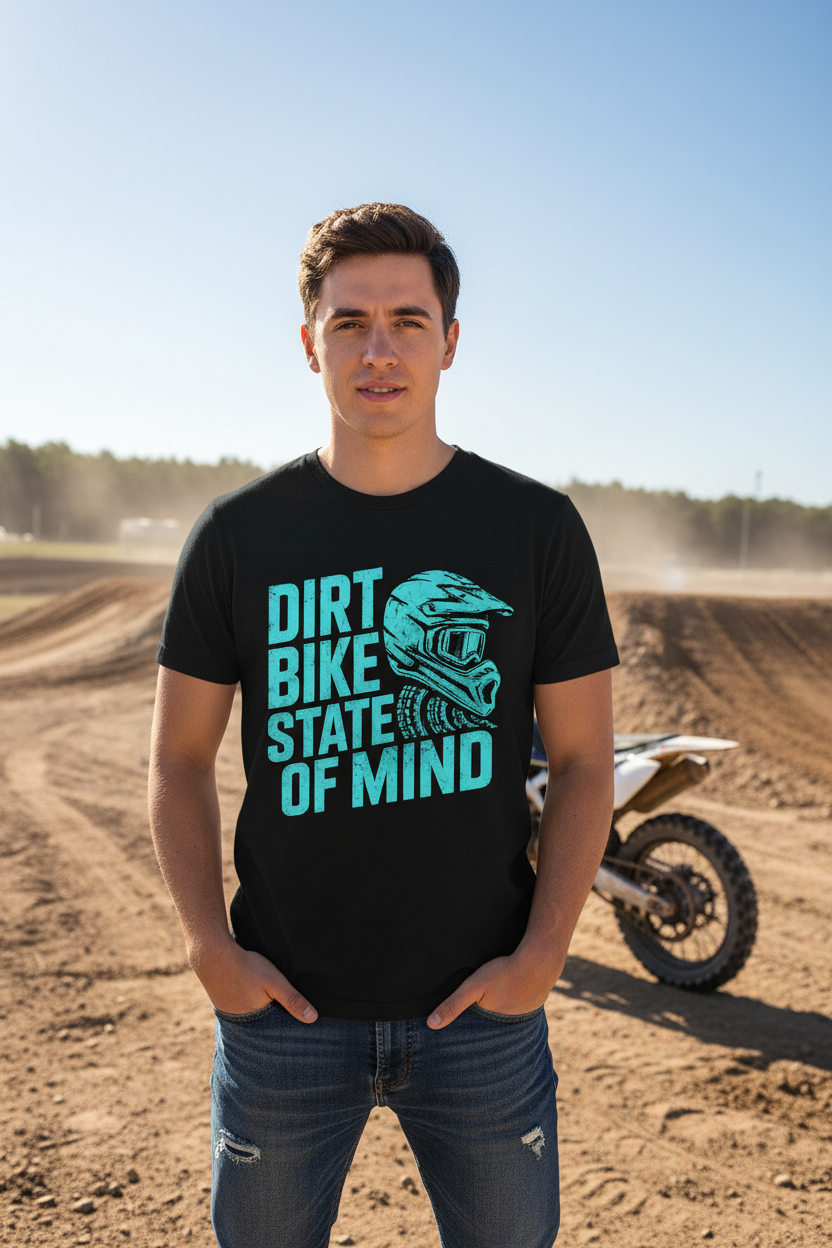 Person wearing Dirt Bike State of Mind black tee at outdoor motocross track
