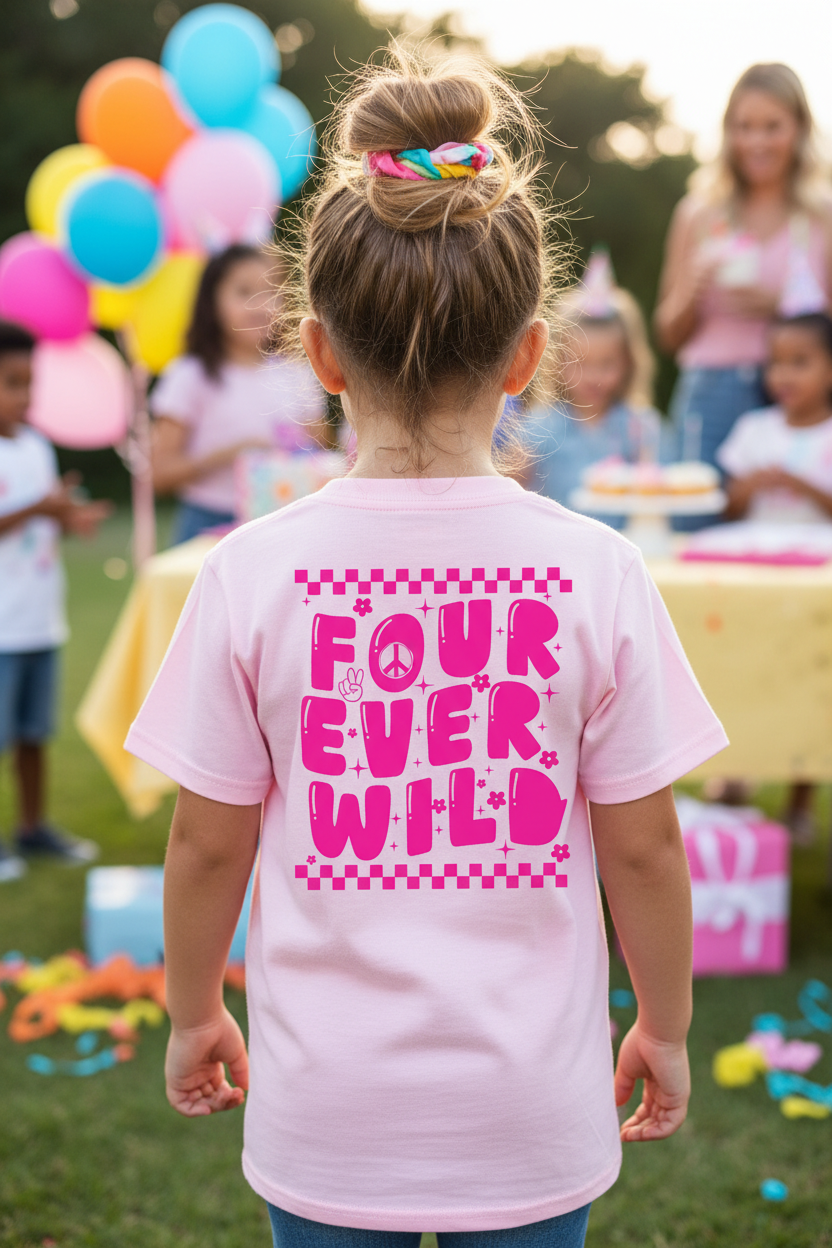Back view of Four Ever Wild bold bubble letters on light pink tee