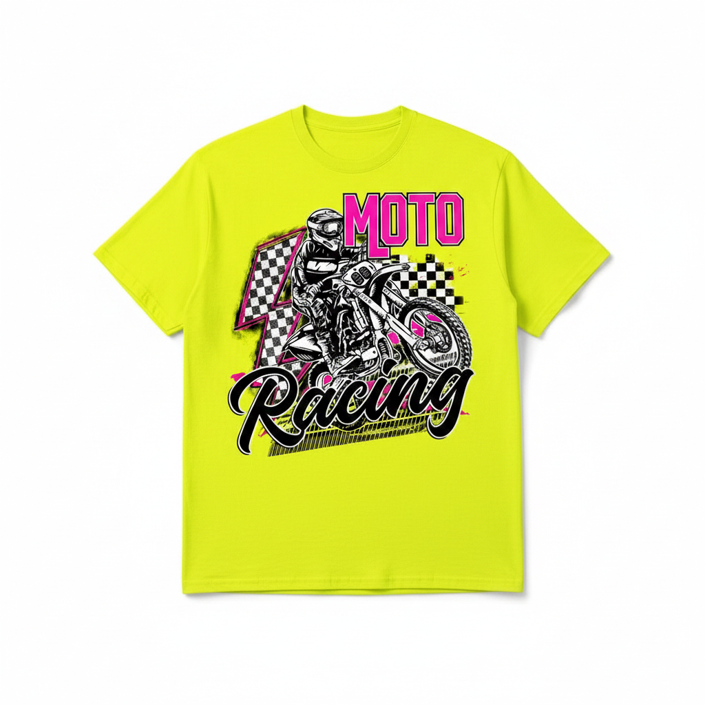 Neon yellow Comfort Colors Moto Racing graphic tee flat lay mockup